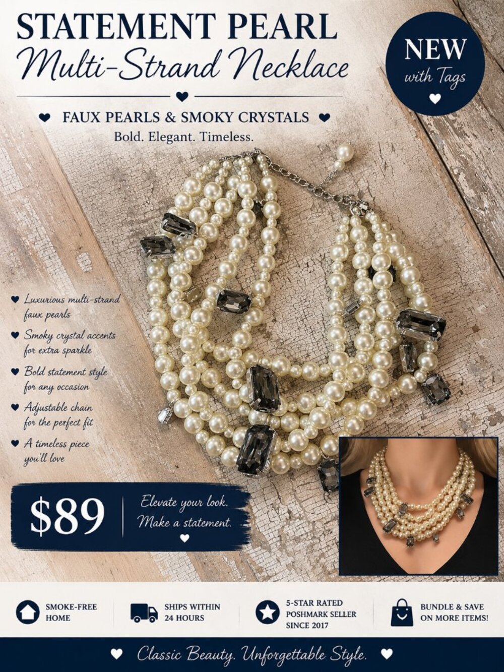 Statement Multi-Strand Faux Pearl Smoky Crystal Necklace NWT